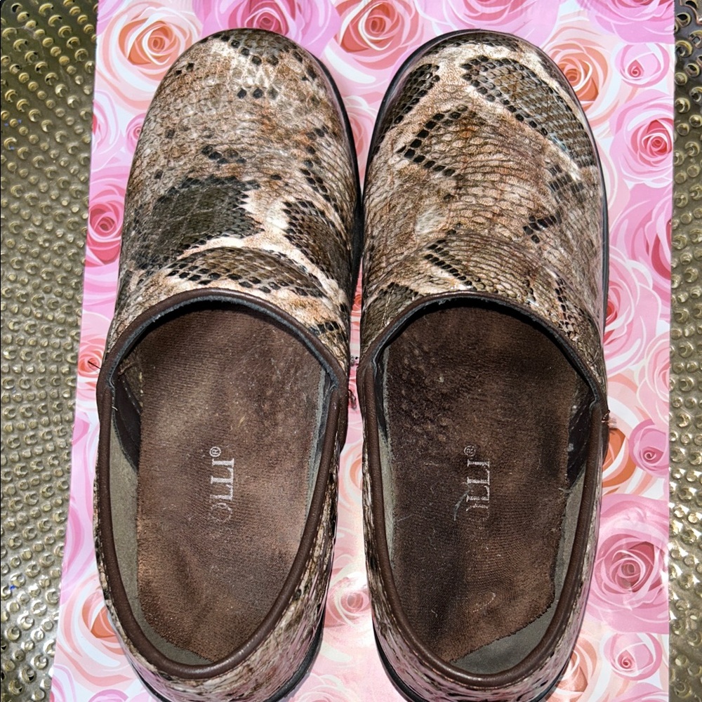 Brown Snake Print Clogs size 7